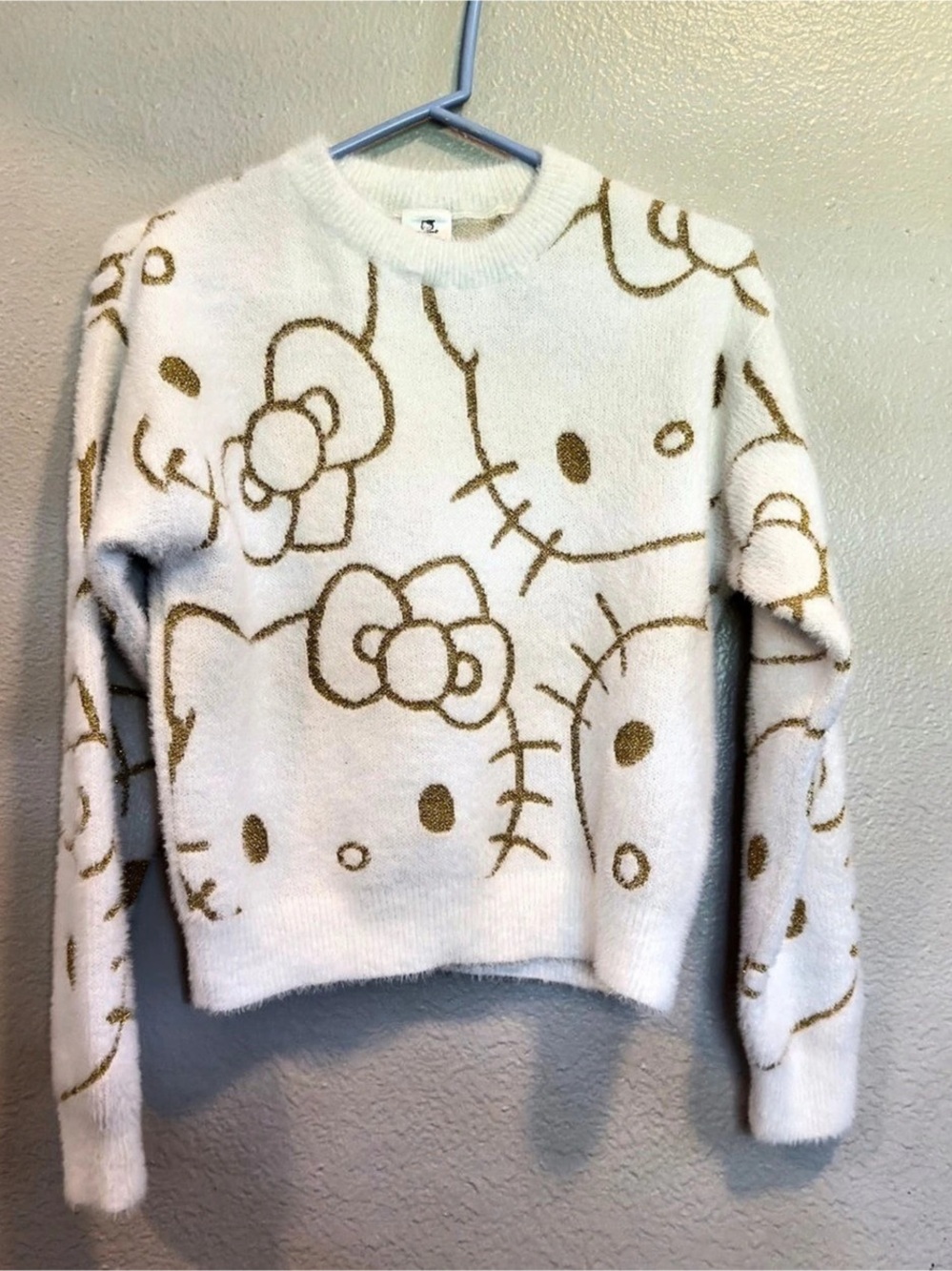 Sanrio Hello Kitty Gold Metallic Fuzzy Knit Pullover Sweater Gold Metallic Fuzzy